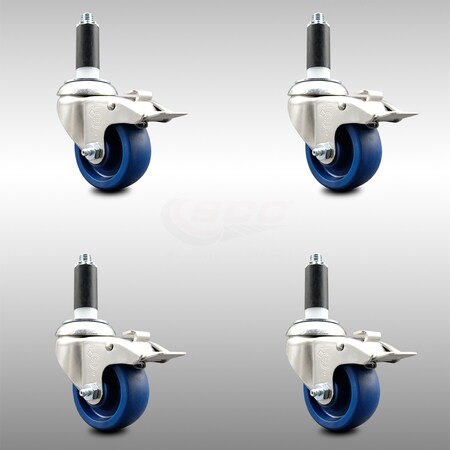 Service Caster 3.5 Inch 316SS Solid Poly Swivel 1 Inch Expanding Stem Caster Set Lock Brake SCC-SS316TTLEX20S3514-SPUS-1-4